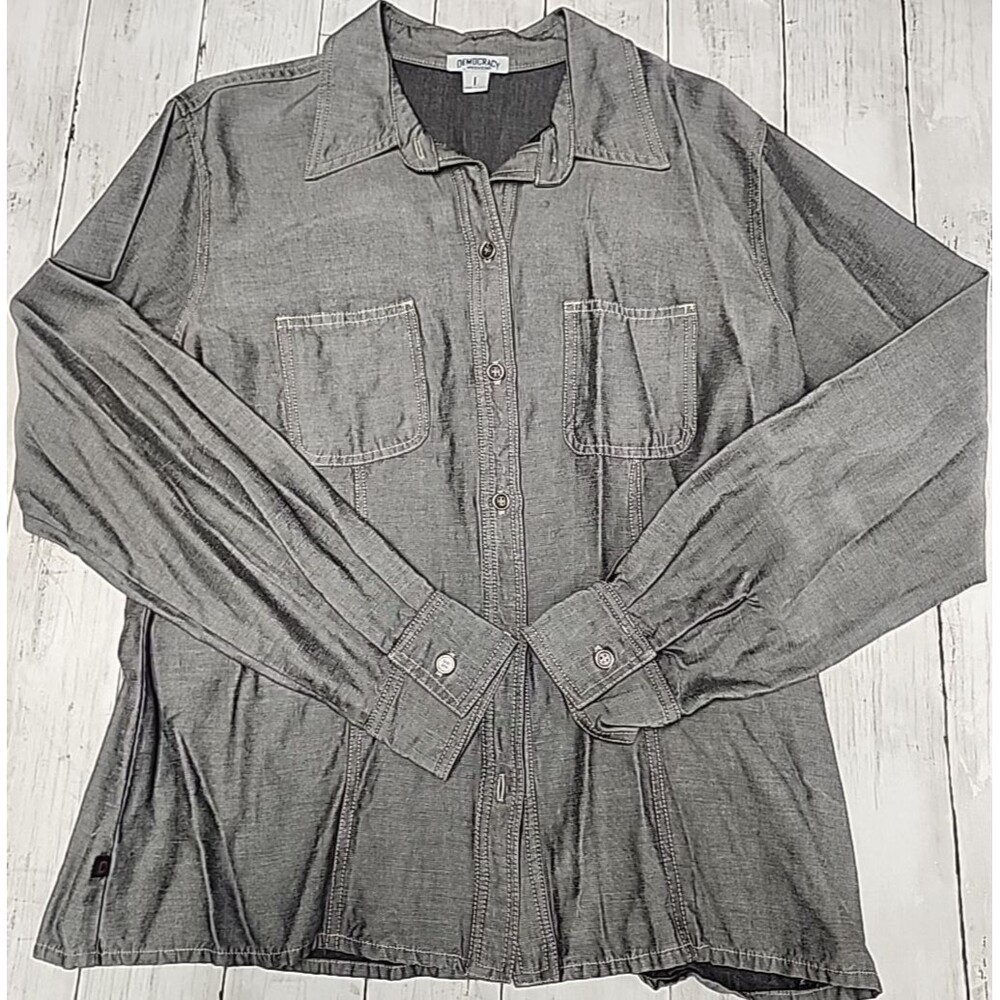 Democracy Women’s L Tencel Shirt Vintage Indigo Blue Utility Coastal Long/Sleeve